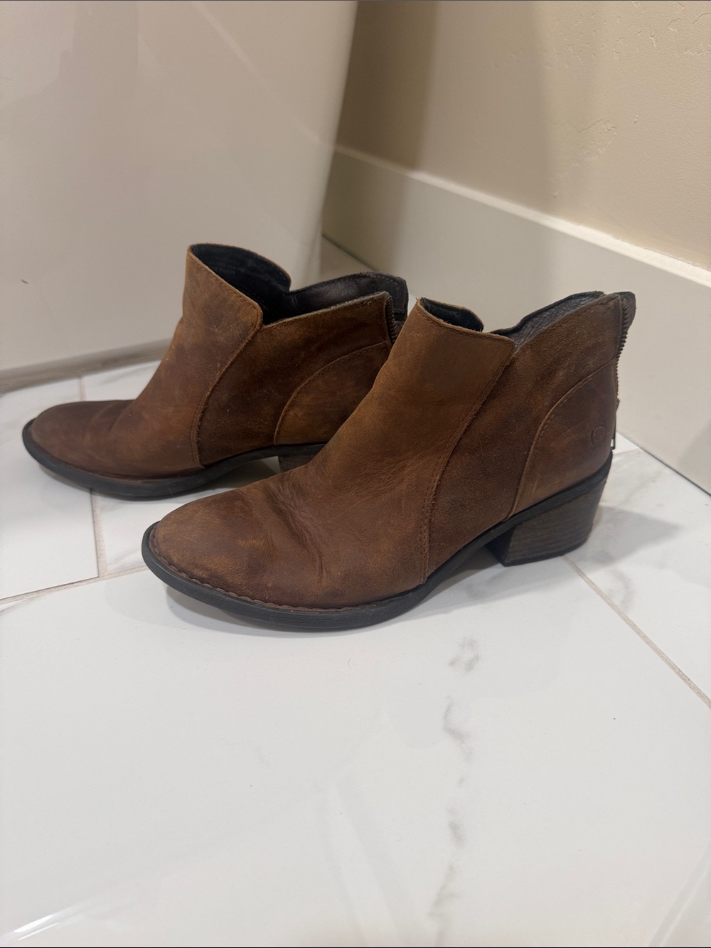 Born Rustic Brown Leather Ankle Booties with Low Block Heel
